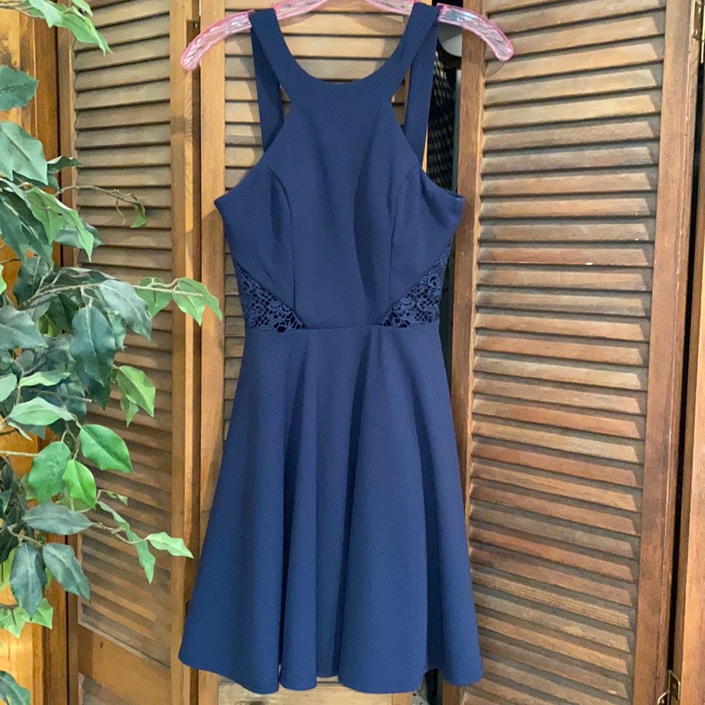 Navy blue party dress with lace side cuts